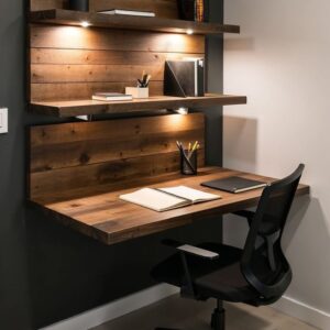 Rustic Walnut Wall-Mounted Floating Desk with Integrated Triple Storage Shelves