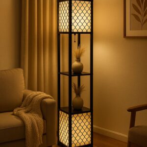 Premium 3-Tier Shelf Floor Lamp - Modern Wooden Tower Light with Fabric Shade