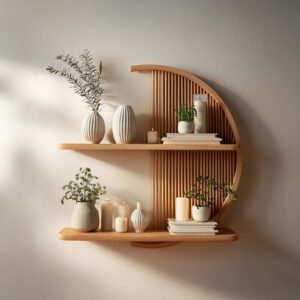 Modern Minimalist Semi-Circle Slatted Wall Shelf - Wooden Floating Decor Display