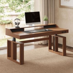 Premium Walnut Executive Desk with Integrated Monitor Riser & Modern Architectural Base