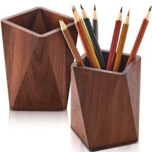 Modern Geometric Wooden Pen Holder - Handcrafted Faceted Desk Accessory set