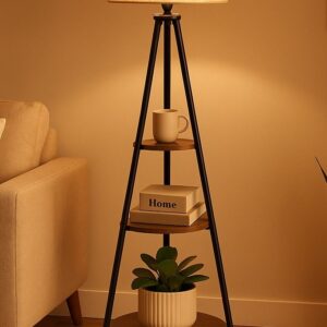 Modern Tripod Floor Lamp with Integrated Wooden Shelf - Ambient Corner Light