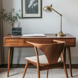 Mid-Century Modern Executive Walnut Desk with Dual Drawers & Tapered Legs