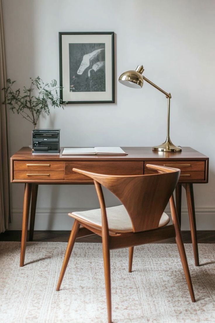Mid-Century Modern Executive Walnut Desk with Dual Drawers & Tapered Legs