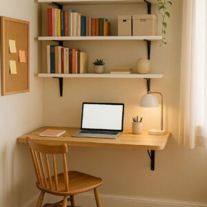 Industrial Floating Wall Desk with Integrated 3-Tier Wooden Bookshelf