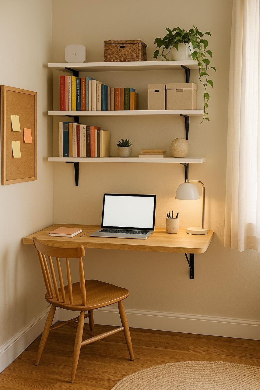 Industrial Floating Wall Desk with Integrated 3-Tier Wooden Bookshelf